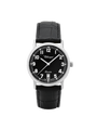 Case Rhodium Plated Stainless Steel Dial Black Dial White Arabic Leather Black